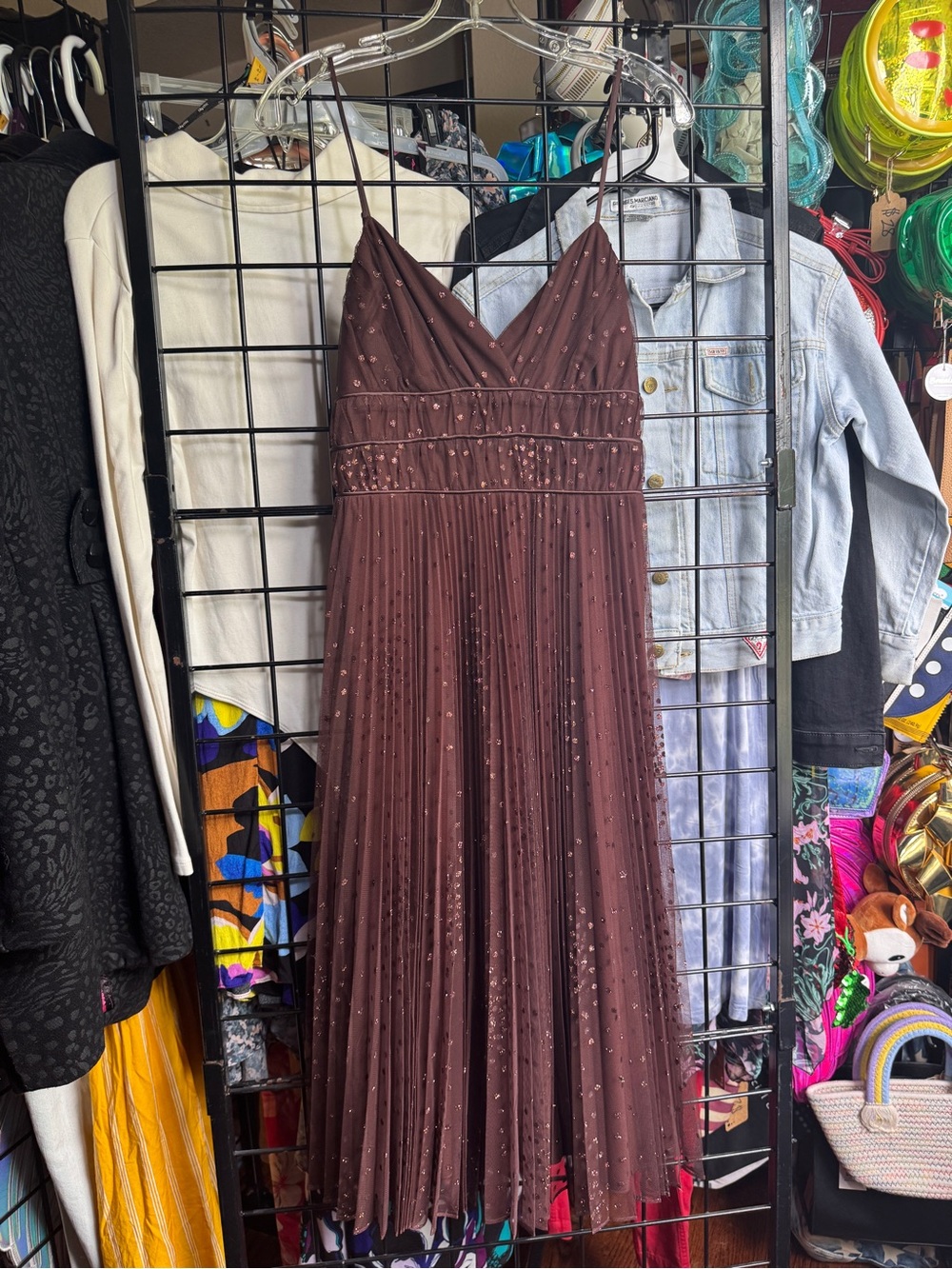 Betsey Johnson - Brown Pleated Dress with Sparkle Dots - Vintage Black Label